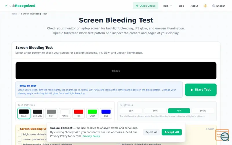 Screenshot of Screen Bleeding Test | usbRecognized