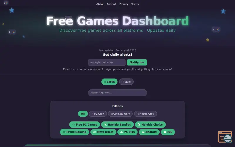 Screenshot of Free Games Dashboard