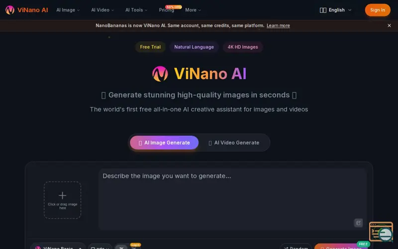 Screenshot of ViNano AI-image&video creation platform