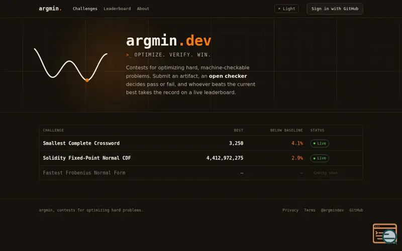 Screenshot of argmin.dev: Optimize. Verify. Win.