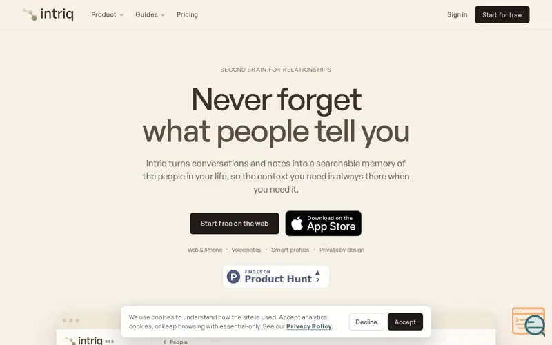 Screenshot of Intriq: AI Memory for People