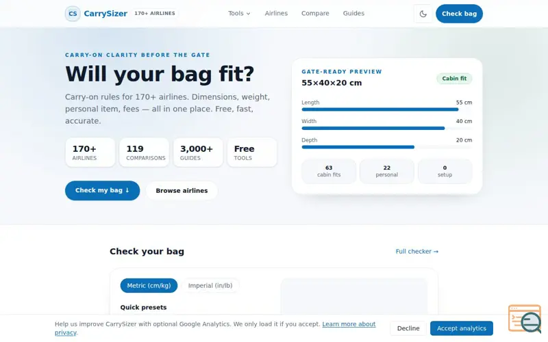 Screenshot of CarrySizer