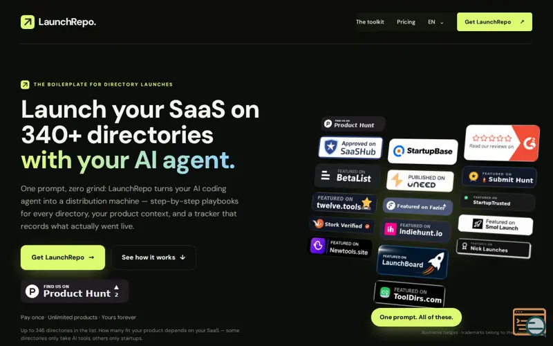 Screenshot of LaunchRepo — Launch your SaaS on up to 222 directories with one prompt, a launch using LaunchBoard