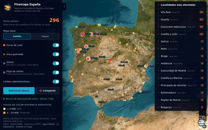 Screenshot of Mapa de incendios en España y Portugal hoy, en tiempo real · Firemaps