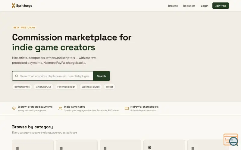 Screenshot of Spritforge — Commission marketplace