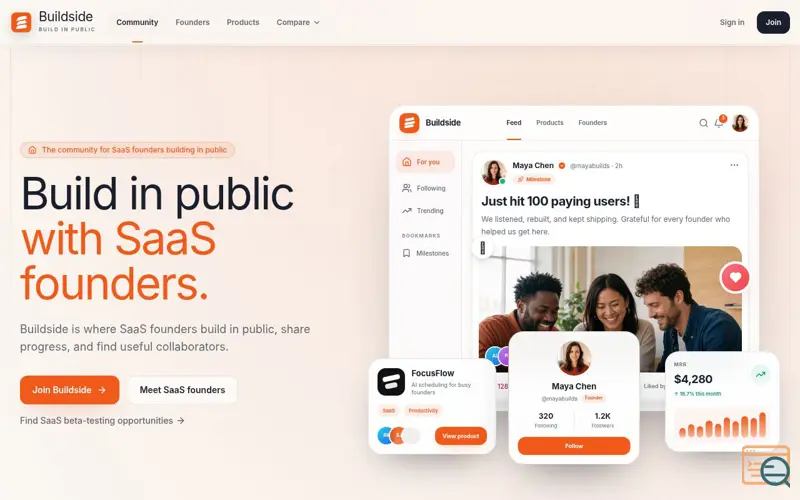 Screenshot of Buildside - Build, share, and grow alongside SaaS founders