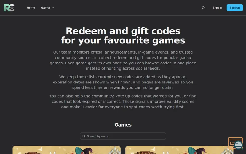 Screenshot of Gacha Redeem Codes Tracker