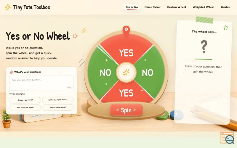 Screenshot of Yes or No Wheel - Free Random Yes or No Spinner | Tiny Fate Toolbox, a launch using VerifiedDR
