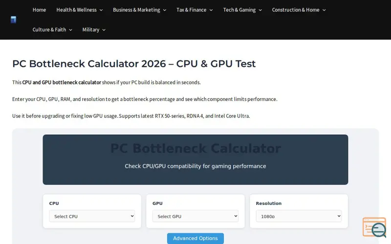 Screenshot of PC Bottleneck Calculator 2026
