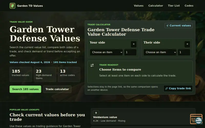 Screenshot of Garden TD Value Tracker