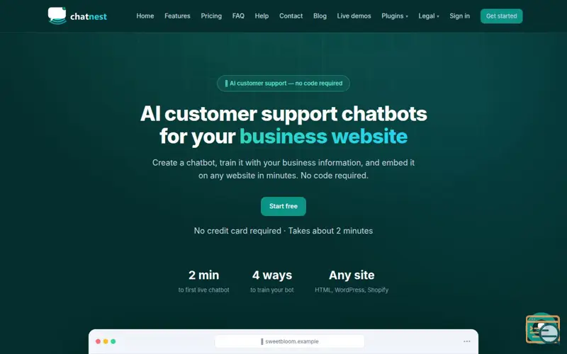 Screenshot of ChatNest — AI customer support chatbots for your business