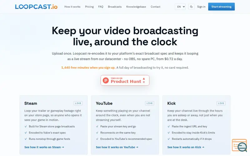 Screenshot of Loopcast - loop your video live 24/7 on Steam, YouTube and more