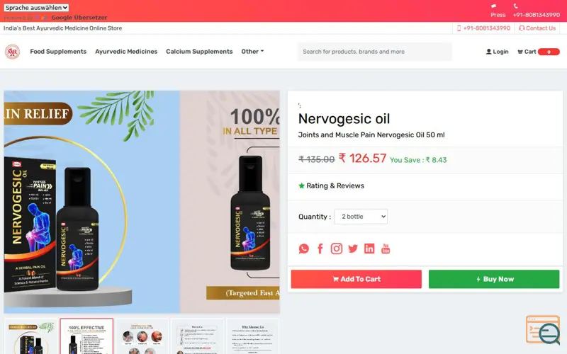 Screenshot of Nervogesic Oil, a launch using MilesWeb