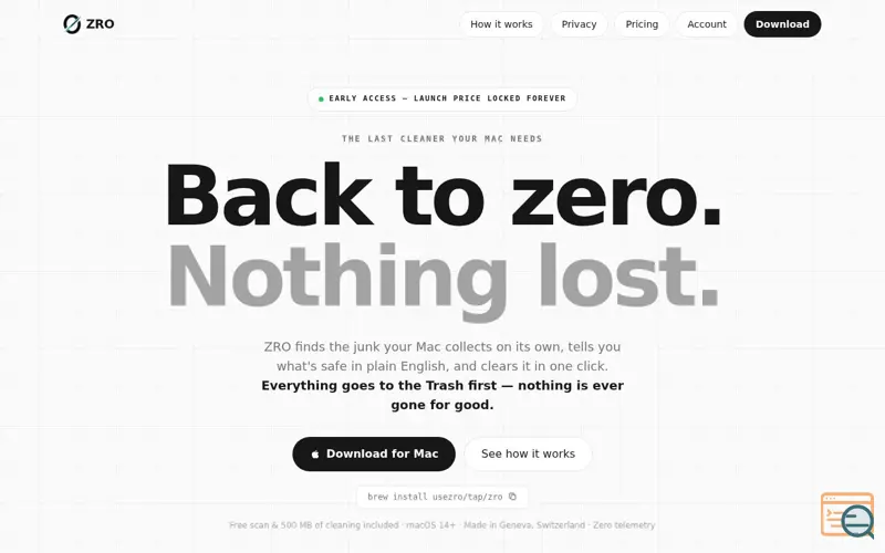 Screenshot of ZRO — Back to zero. Nothing lost.