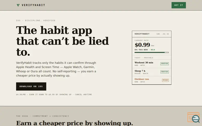 Screenshot of VerifyHabit — Only counts what it can prove.