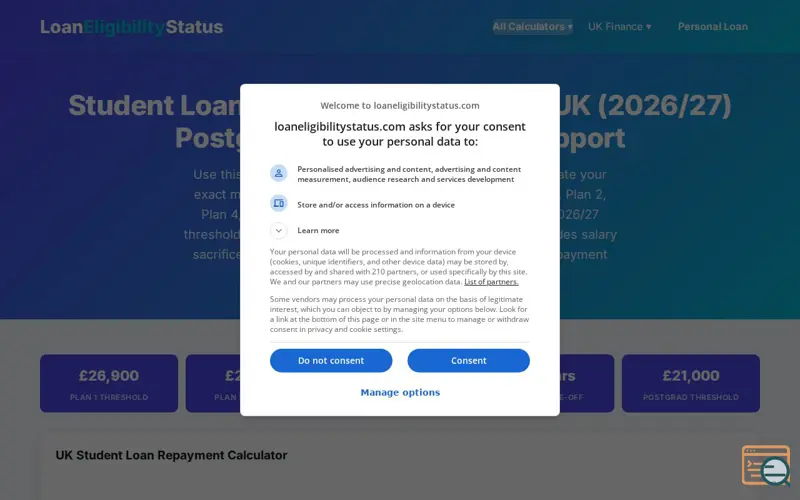 Screenshot of UK Student Loan Calculator
