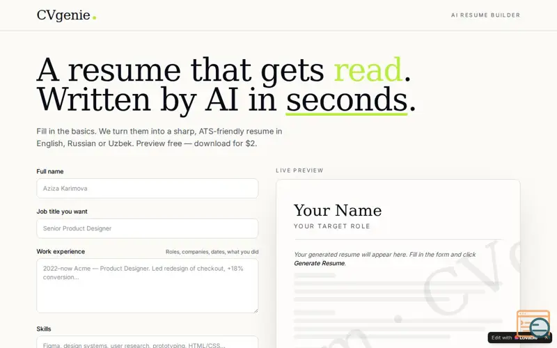 Screenshot of CVgenie