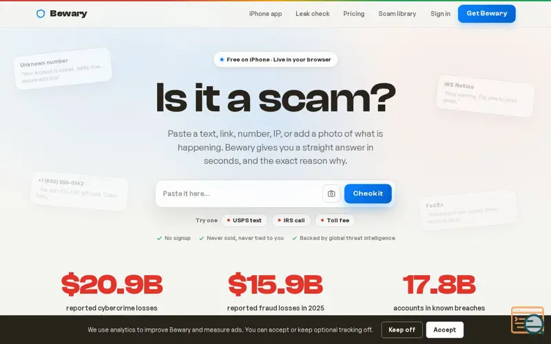 Screenshot of Is It a Scam? Free Scam Checker for Texts & Links | Bewary