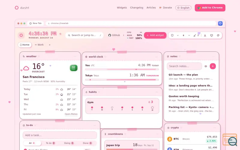 Screenshot of dashi — a calm Chrome new tab dashboard