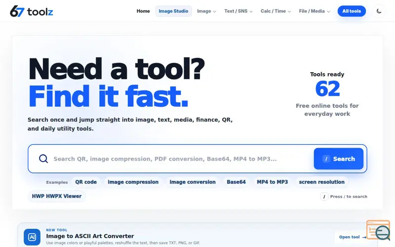 Screenshot of 67toolz - Free Online Image, PDF, QR & Text Tools