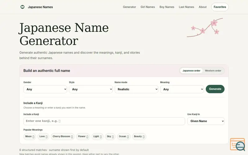 Screenshot of Japanese Name Generator 