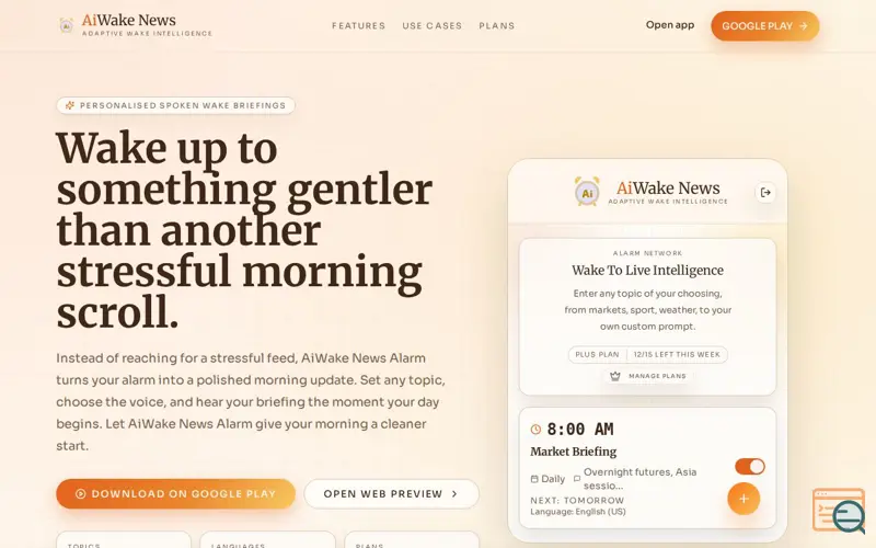 Screenshot of AiWake News Alarm