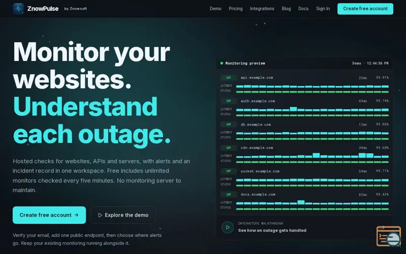 Screenshot of ZnowPulse | Service Monitoring by Znowsoft, a launch using Slashdot