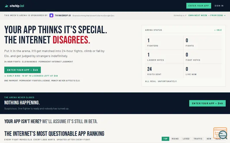 Screenshot of ohship.lol — a fight club for apps