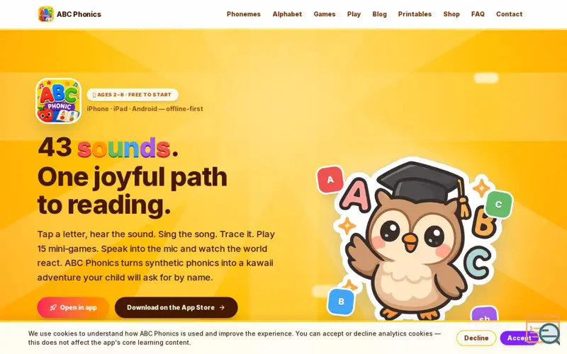 Screenshot of ABC Phonics — 43 sounds, 15 games, native voices for kids ages 2–6
