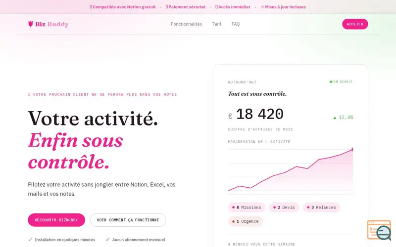 Screenshot of BizBuddy. Accès à vie au tarif fondateur