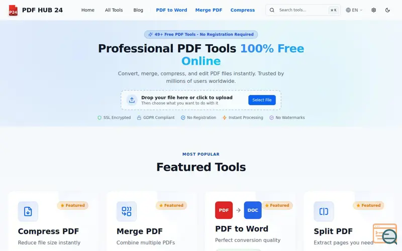 Screenshot of PDFHUB24, a launch using CloudConvert