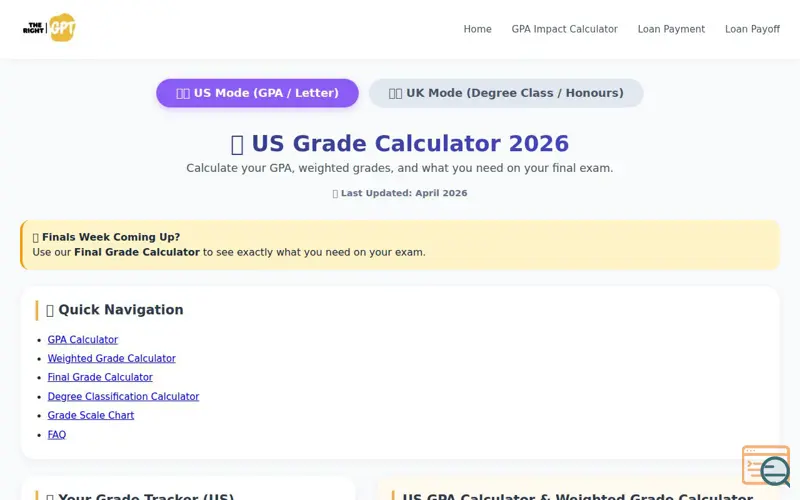 Screenshot of GPA Grade Calculator 2026