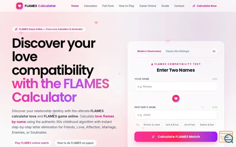 Screenshot of FLAMES Calculator - Free Love & Relationship Calculator by Name