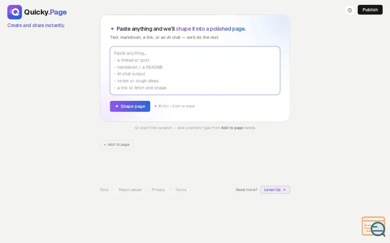 Screenshot of Quicky.Page, a launch using CodePen