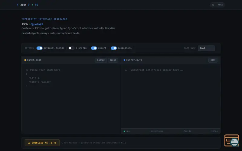 Screenshot of Instant JSON-to-TS Converter
