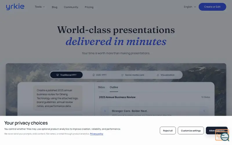 Screenshot of Yrkie: AI PowerPoint Editor & Presentation Generator