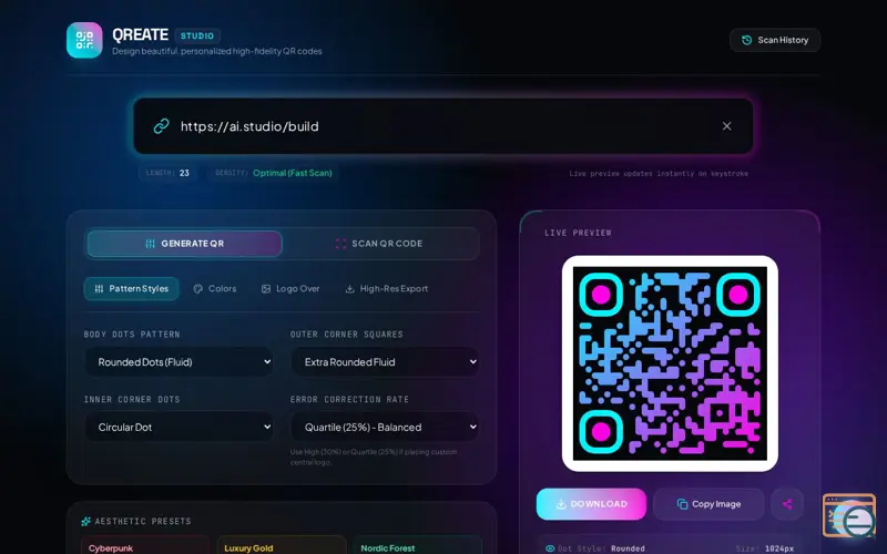 Screenshot of Aesthetic QR Code Generator, a launch using QR Code Styling