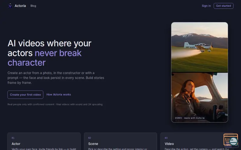 Screenshot of AI Video Generator with Consistent Characters — Actoria