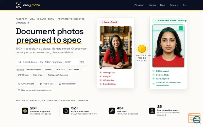 Screenshot of easyPhoto — Document Photo & Form-Resize Tools for India