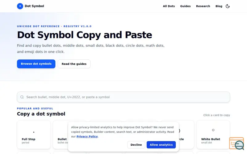 Screenshot of Dot Symbol (•) Copy and Paste – Dot Text Symbols