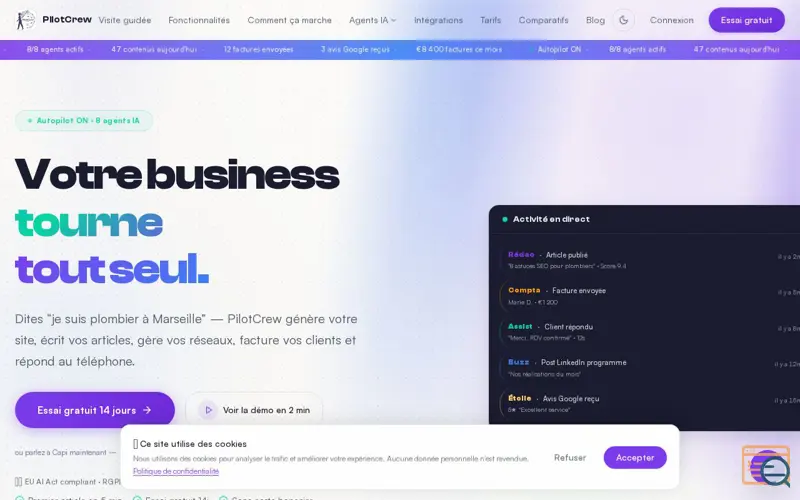 Screenshot of Agents IA autonomes pour PME — PilotCrew