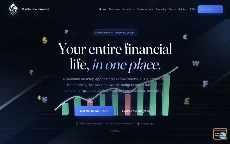 Screenshot of Manticore Finance — Your entire financial life, in one place.