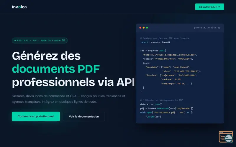 Screenshot of Invoica — PDF API for Freelancers