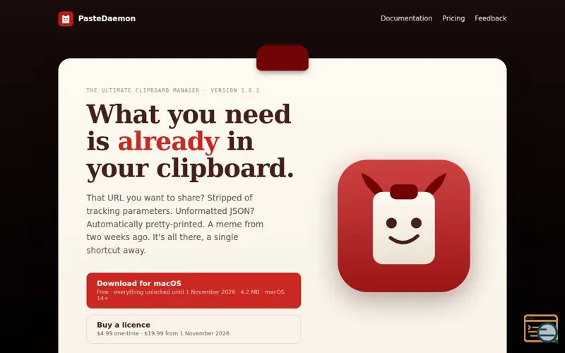 Screenshot of PasteDaemon — whatever you need is already in your clipboard, a launch using easyMail
