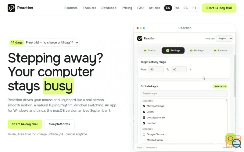 Screenshot of Reaction — Undetectable Mouse Jiggler & Mouse Mover for Windows, macOS, Linux