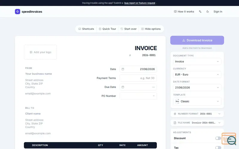 Screenshot of Speed Invoices