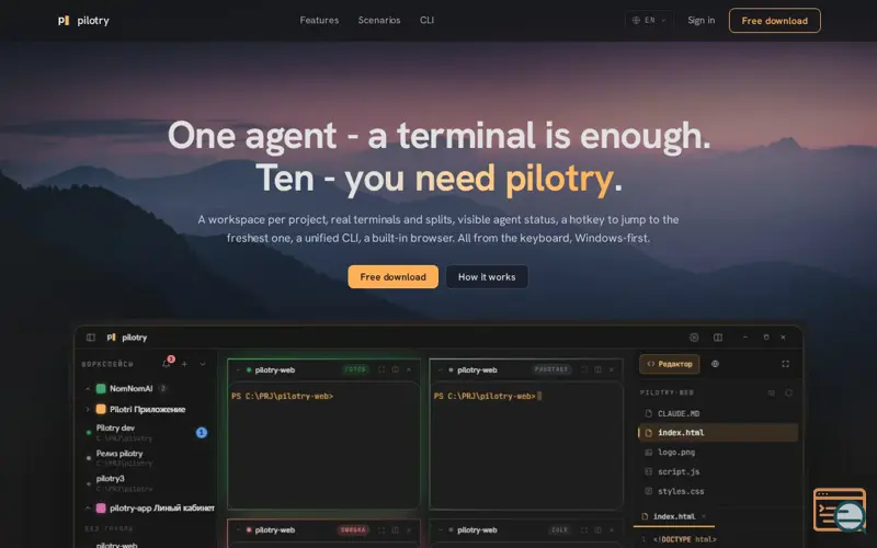 Screenshot of Pilotry, a launch using Beget