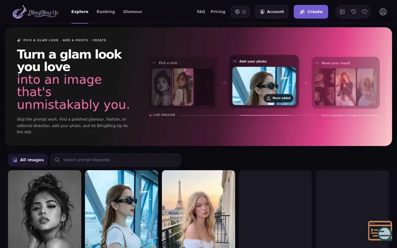 Screenshot of AI Glamour Photo Generator | BlingBling Up