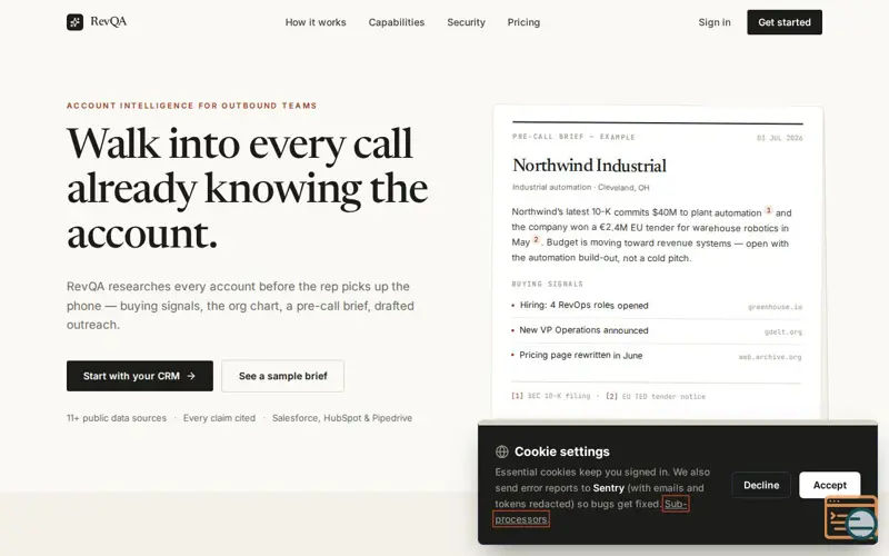 Screenshot of RevQA — Sales intelligence & buying signals for outbound teams