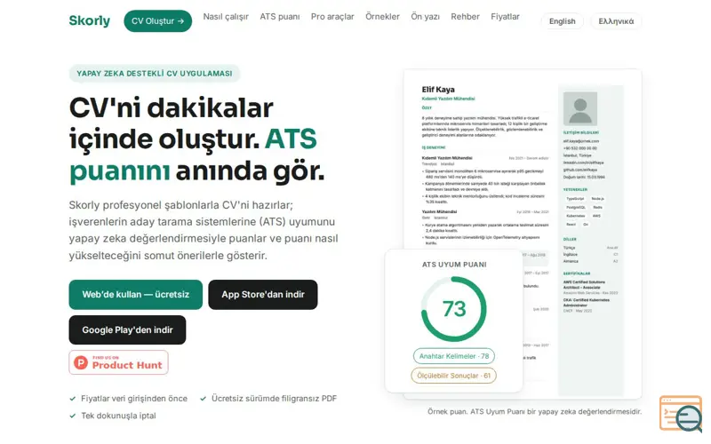 Screenshot of Skorly — ATS Puanlı AI CV Uygulaması